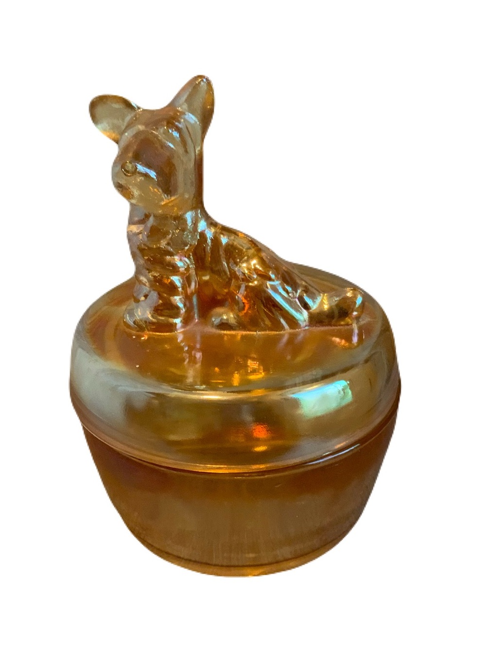 Vintage Jeanette Iridescent Amber Carnival Glass Terrier Trinket Dish